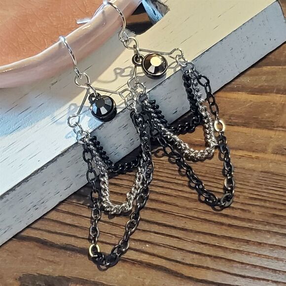 Silver Gunmetal Grey Handcrafted Triple Chain Crystal Dangle Earrings - Picture 1 of 8